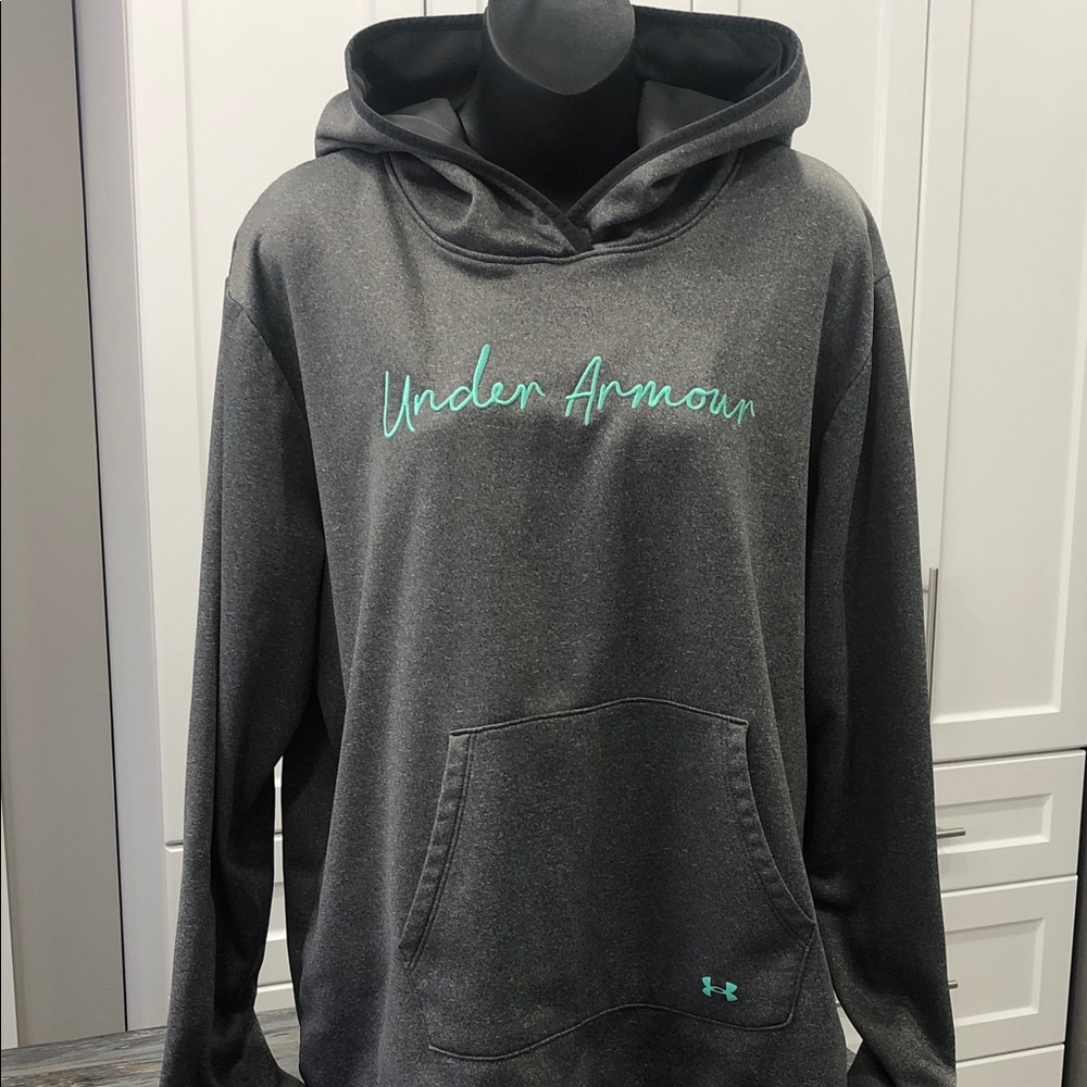 Under Armour Charcoal Gray Hoodie with Teal Script
